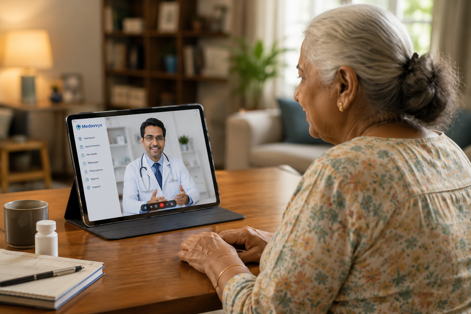 Indian doctor consulting elderly patient at Medovyx clinic