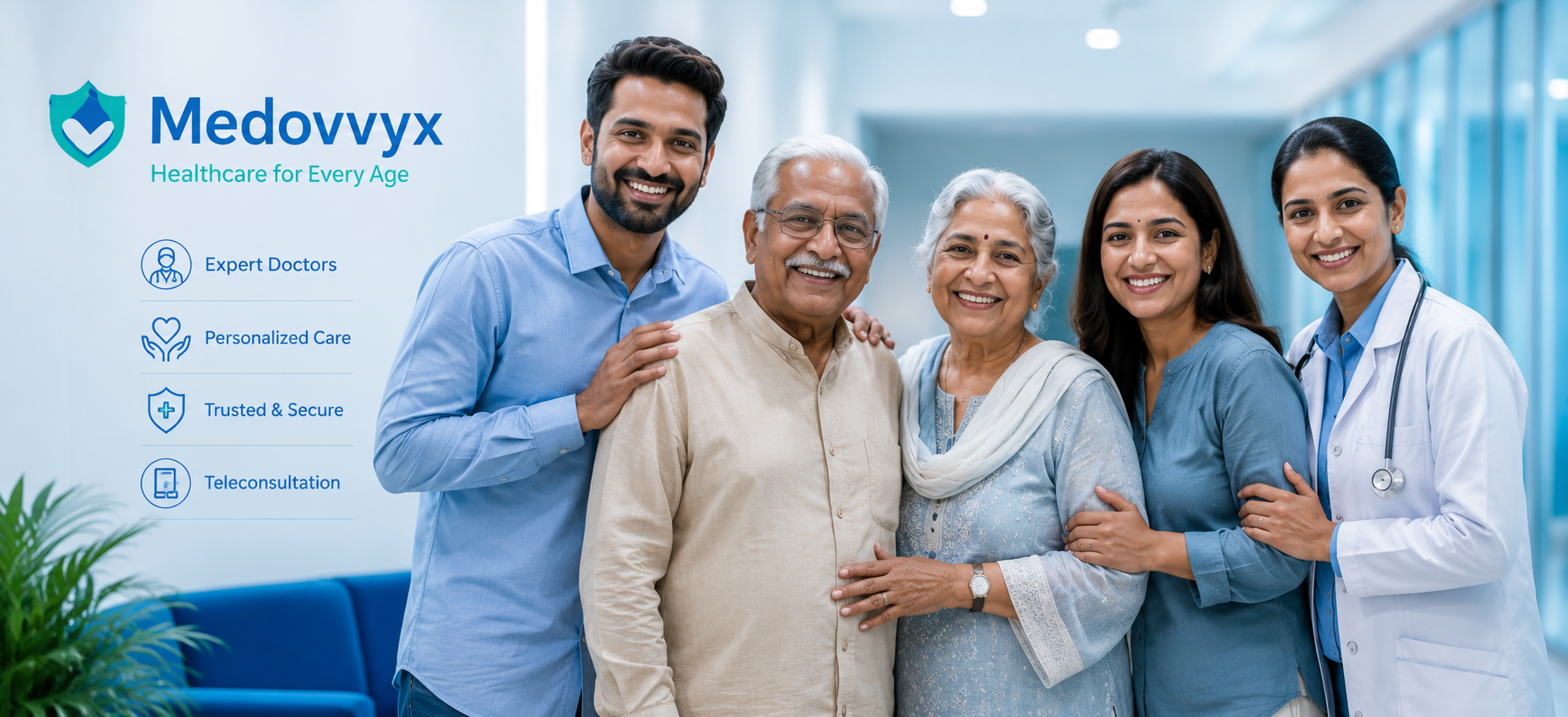 Happy Indian family with doctor — Medovyx healthcare